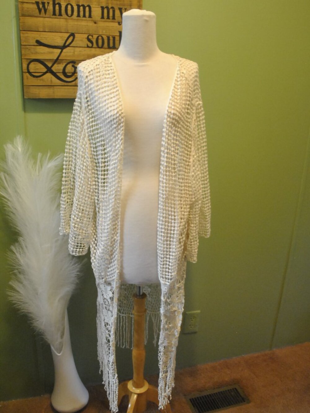 House of Harlow 1960 Ivory Crochet Fringe Boho Kimono One Size - Picture 4 of 10